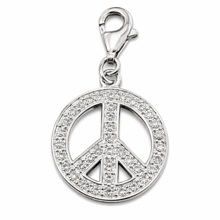 Sterling Silver Peace Sign Charm Pendant 1.2 Inch with Bail – Pave Crystal Peace Symbol Jewelry, Hippie Boho Charm, Bracelet or Necklace Pendant Gift for Her