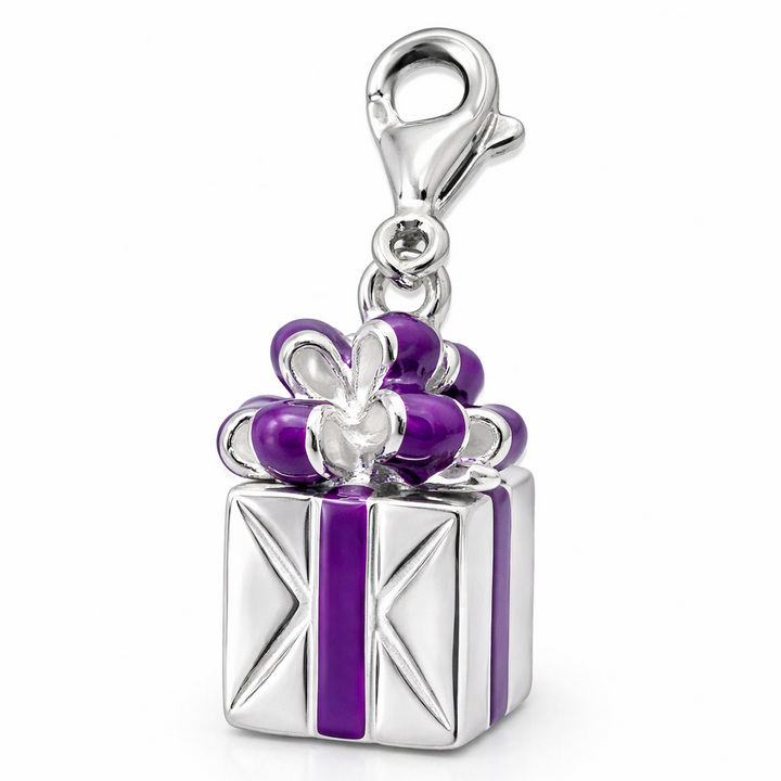 Sterling Silver Gift Box Charm Pendant 1.15 Inch with Bail – Purple Enamel Present Charm, Birthday Gift Jewelry, Christmas Charm, Bracelet or Necklace Pendant