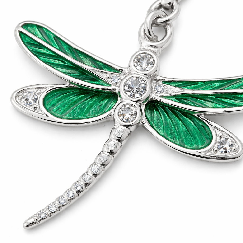 Sterling Silver Dragonfly Charm Pendant 1.5 Inch with Bail – Green Enamel Dragonfly Jewelry with Crystal Accents, Nature Insect Charm, Bracelet or Necklace Pendant Gift