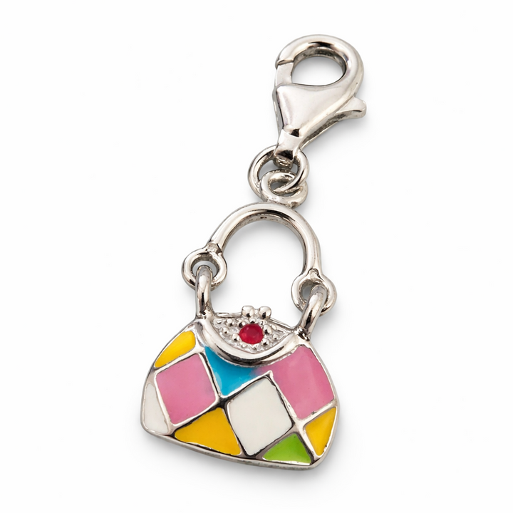 Sterling Silver Handbag Charm Pendant – Multicolor Enamel Purse Design, 1.4 Inch Drop with Lobster Clasp