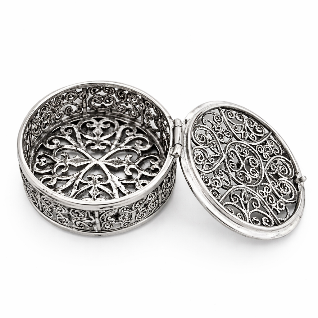 Sterling Silver Filigree Hinged Locket Box – 1.3 Inch Diameter, 0.55 Inch High Round Jewelry Keepsake Case