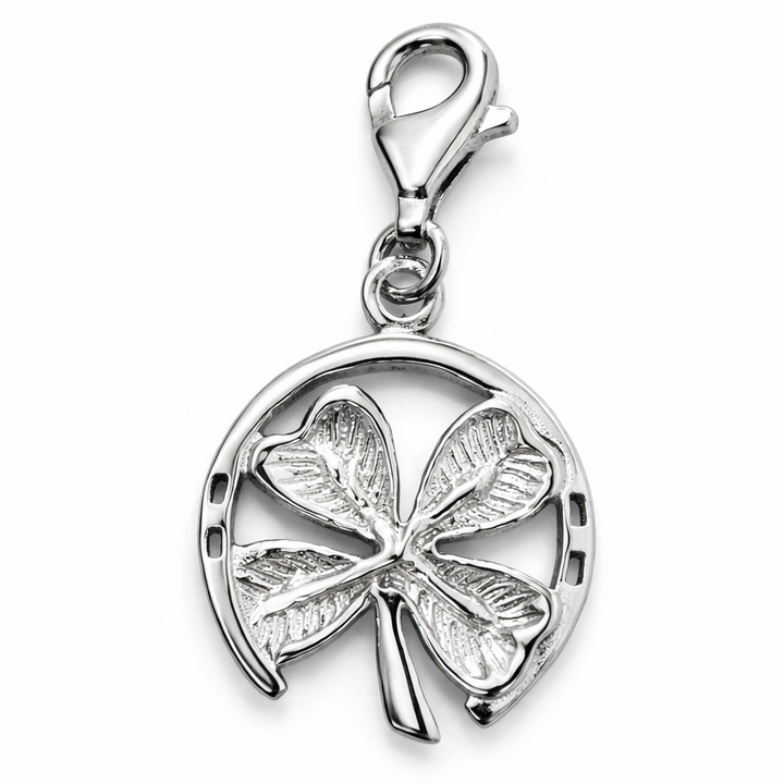 Sterling Silver Four Leaf Clover Charm Pendant with Horseshoe 1.3 Inch – Lucky Irish Clover Dangle Charm with Lobster Clasp Connector, Good Luck Jewelry Gift