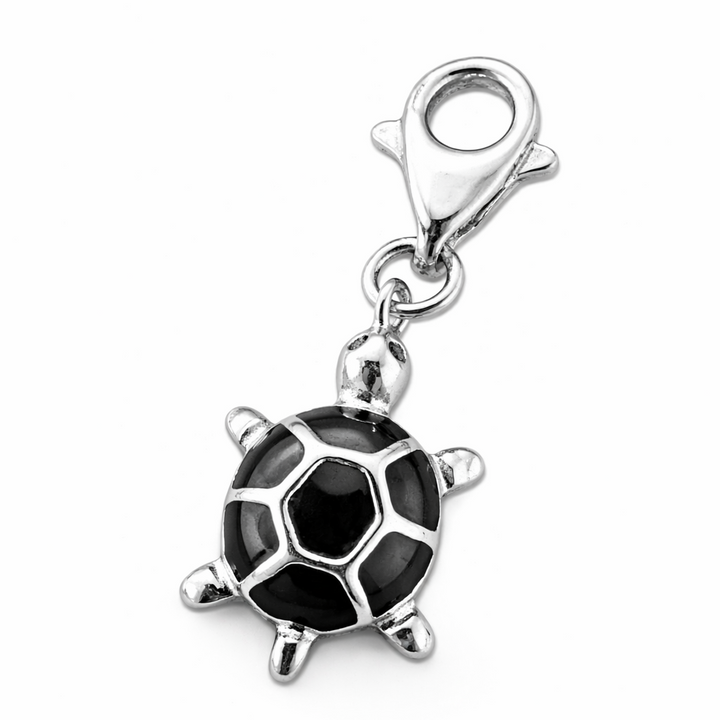 Sterling Silver Turtle Charm – Black Enamel Pendant w/ Clasp 1.15" Drop