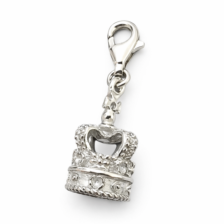 Sterling Silver Crown Charm – 1.2" Drop w/ Clasp, Princess Tiara Pendant