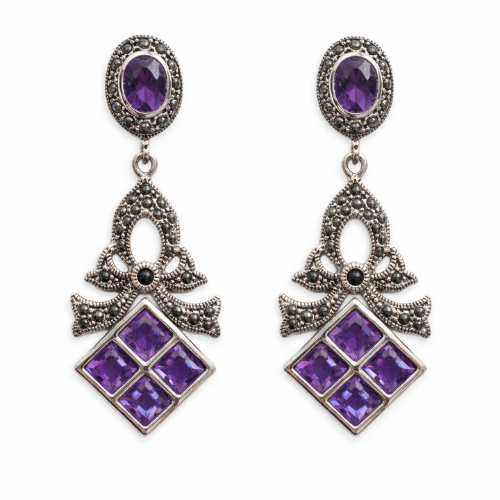 Sterling Silver Amethyst & Marcasite Vintage Drop Earrings – 2 Carat Total Gemstone Weight – 1 3/4" Long