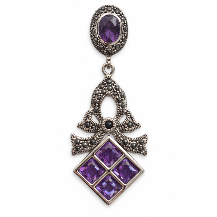 Sterling Silver Amethyst & Marcasite Vintage Drop Earrings – 2 Carat Total Gemstone Weight – 1 3/4" Long