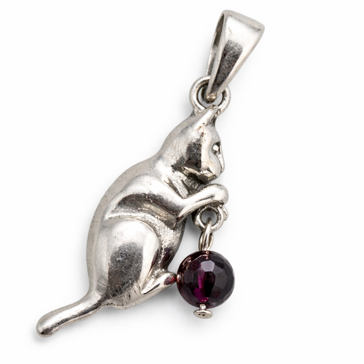 Sterling Silver Playful Cat Pendant with Garnet Bead – 1 1/4 Inch Including Bail