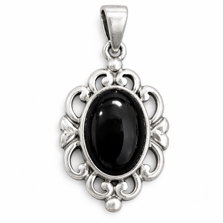 Sterling Silver Black Onyx Cabochon Pendant – 1.5 Inch Tall Including Bail