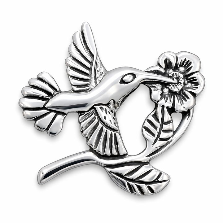 Sterling Silver Hummingbird and Flower Brooch Pin – 1¼" Wide Nature Jewelry