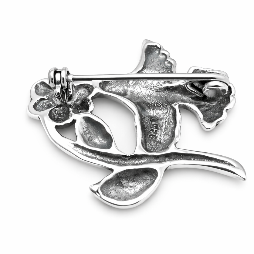 Sterling Silver Hummingbird and Flower Brooch Pin – 1¼" Wide Nature Jewelry
