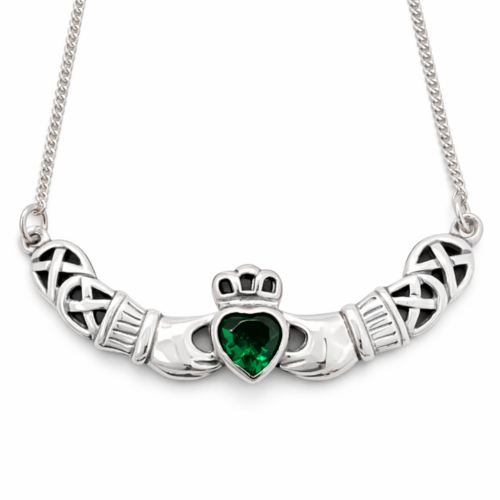 Sterling Silver Claddagh Necklace with Simulated Emerald Heart – 17 Inch Chain