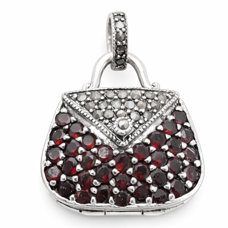 Sterling Silver Garnet & Marcasite Handbag Pendant – Vintage Style Purse Charm with 33 Garnet Stones (Approx. 1 1/4" with Bail)