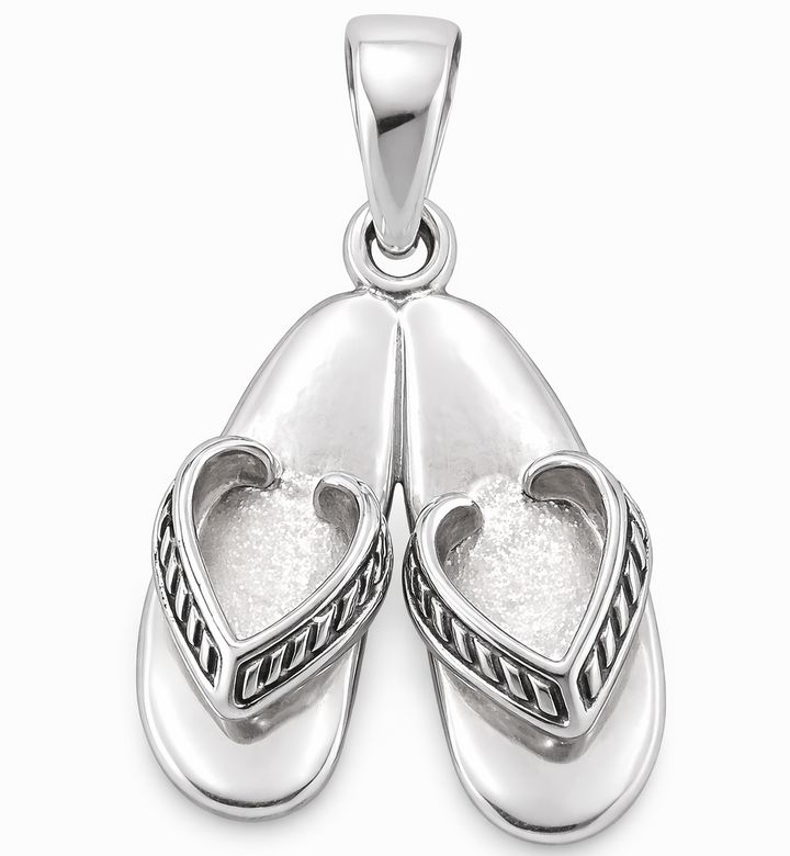Sterling Silver Flip-Flop Sandal Pendant with Heart Straps – Beach Sandals Charm (1.1" with Bail)
