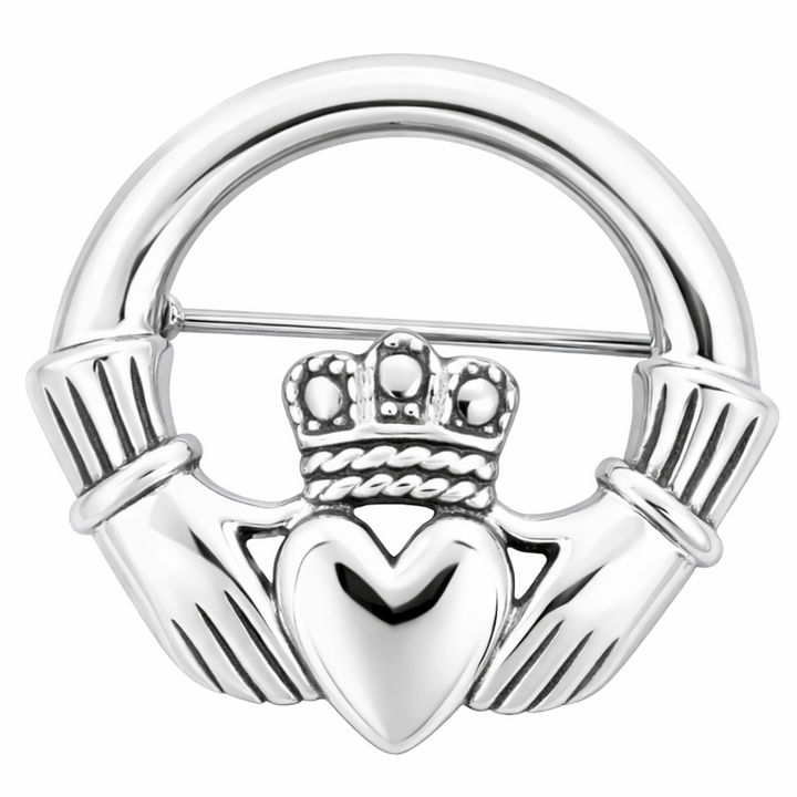 Sterling Silver Claddagh Brooch – Irish Hands Heart Crown Pin – 925 Silver 0.96” Vintage Style
