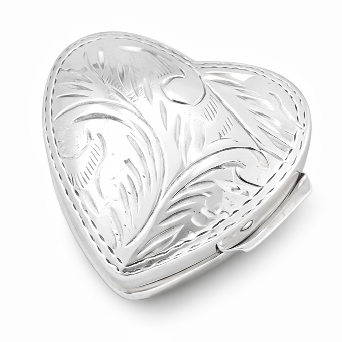 Sterling Silver Heart Locket Box – Vintage Engraved 925 Silver Heart Keepsake Pill Box 0.85”