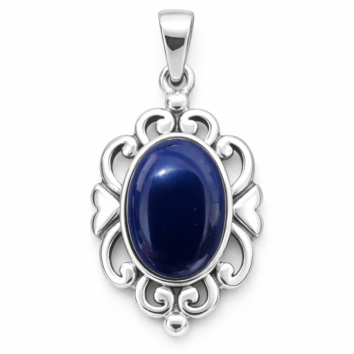 Sterling Silver Lapis Lazuli Pendant – 1½ Inch Blue Lapis Cabochon Filigree Pendant with Bail