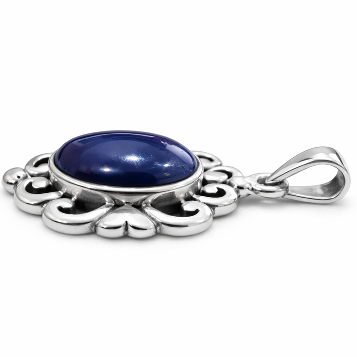 Sterling Silver Lapis Lazuli Pendant – 1½ Inch Blue Lapis Cabochon Filigree Pendant with Bail