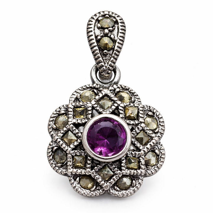 Sterling Silver Amethyst & Marcasite Pendant – 0.95" Tall Vintage Style Necklace Charm with 5mm Round Amethyst