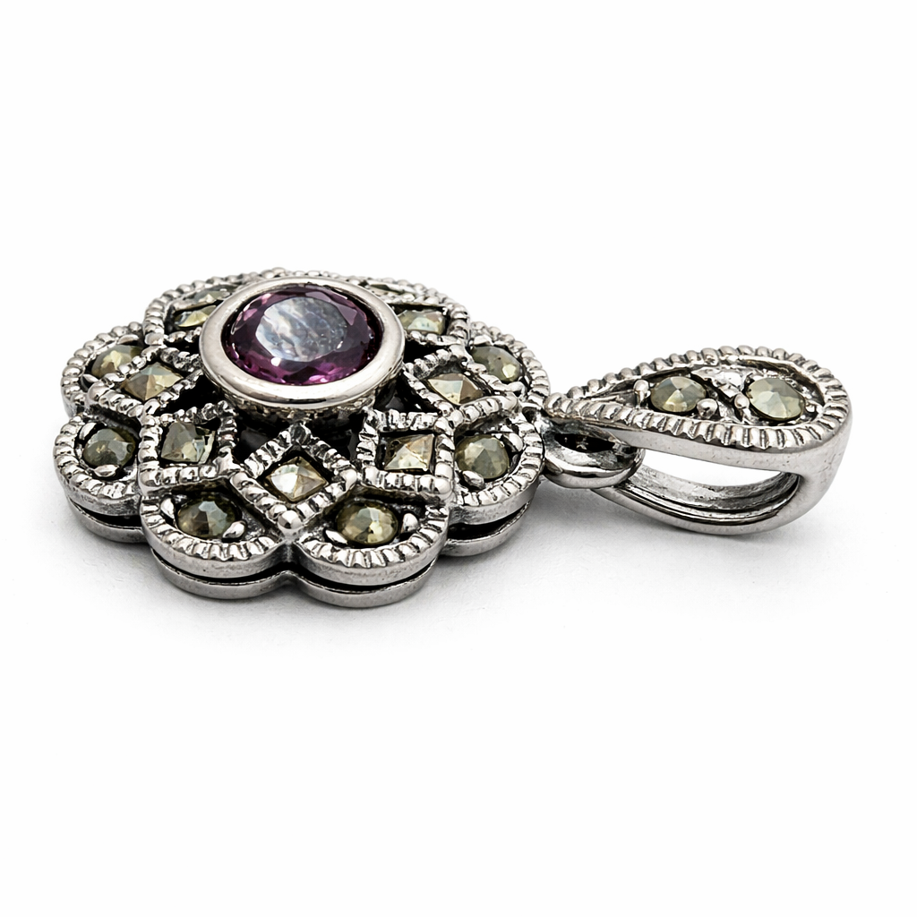 Sterling Silver Amethyst & Marcasite Pendant – 0.95" Tall Vintage Style Necklace Charm with 5mm Round Amethyst