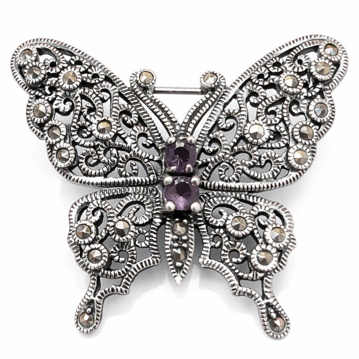 Sterling Silver Filigree Butterfly Brooch with Marcasite & Purple Gemstones – 1.6 Inch Vintage Style Pin