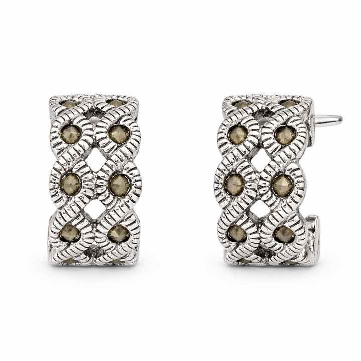 Sterling Silver Marcasite Cuff Earrings – Vintage Style 0.7 Inch Marcasite Stud Hoop Earrings