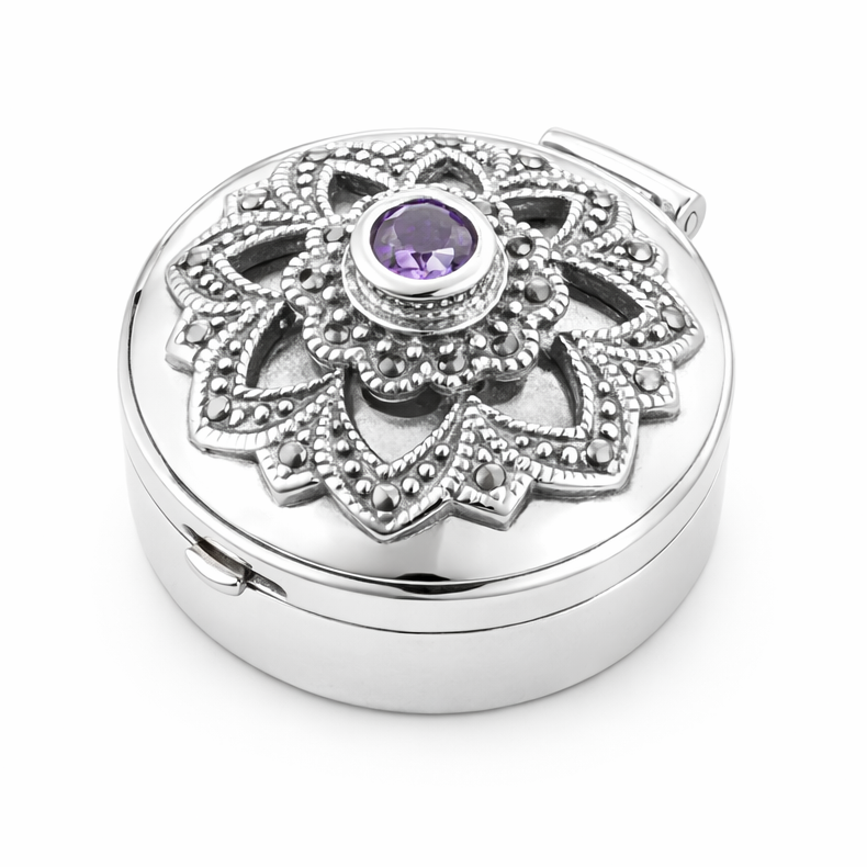 Sterling Silver Amethyst Pill Box – 1 Inch Round Marcasite Jewelry Box with 3.5mm Amethyst Stone