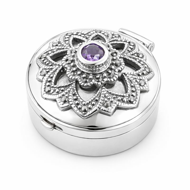 Sterling Silver Amethyst Pill Box – 1 Inch Round Marcasite Jewelry Box with 3.5mm Amethyst Stone