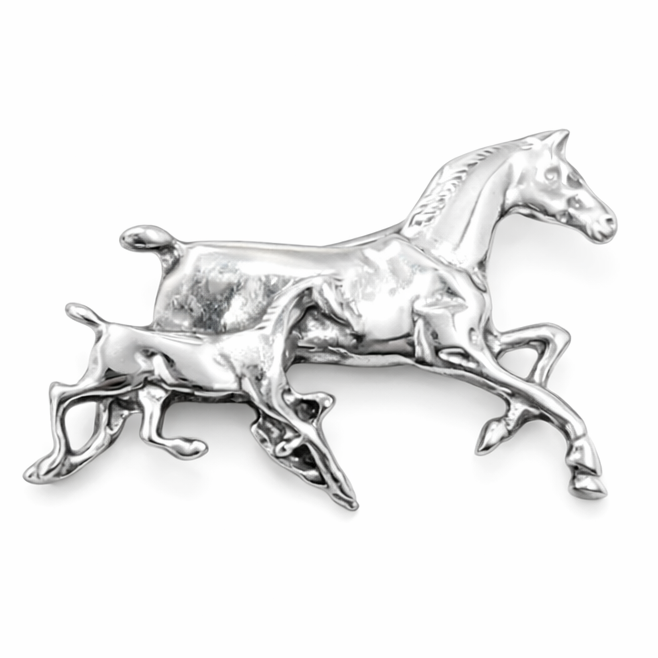Sterling Silver Running Horse Brooch – Mare and Foal Pin – 1 5/8 Inch Horse Jewelry