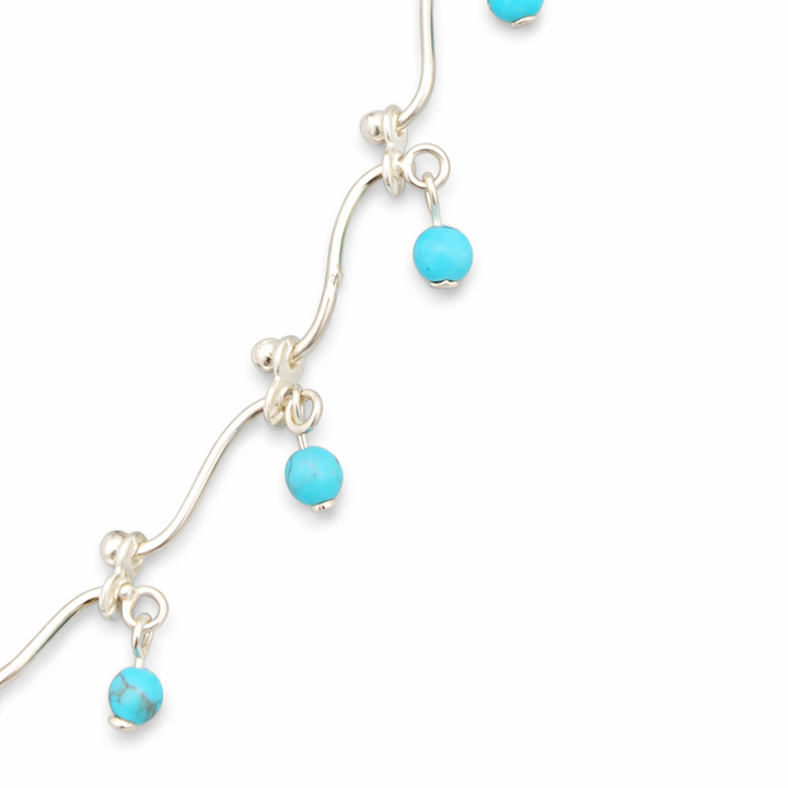 Vintage Sterling Silver Turquoise Bead Necklace – 16 Inch Silver Link Necklace with 27 Turquoise Balls