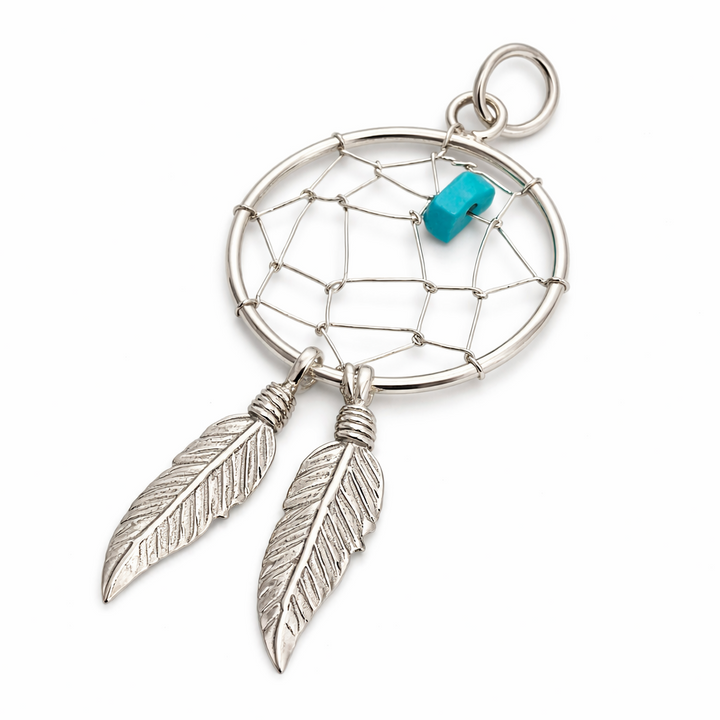 Sterling Silver Dreamcatcher Pendant with Turquoise – 1.6 Inch Dream Catcher Necklace Charm with Feather Dangles