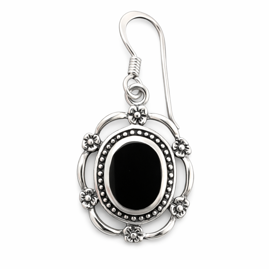 Sterling Silver Black Onyx Dangle Earrings – 0.85 Inch Drop Vintage Style Onyx Earrings
