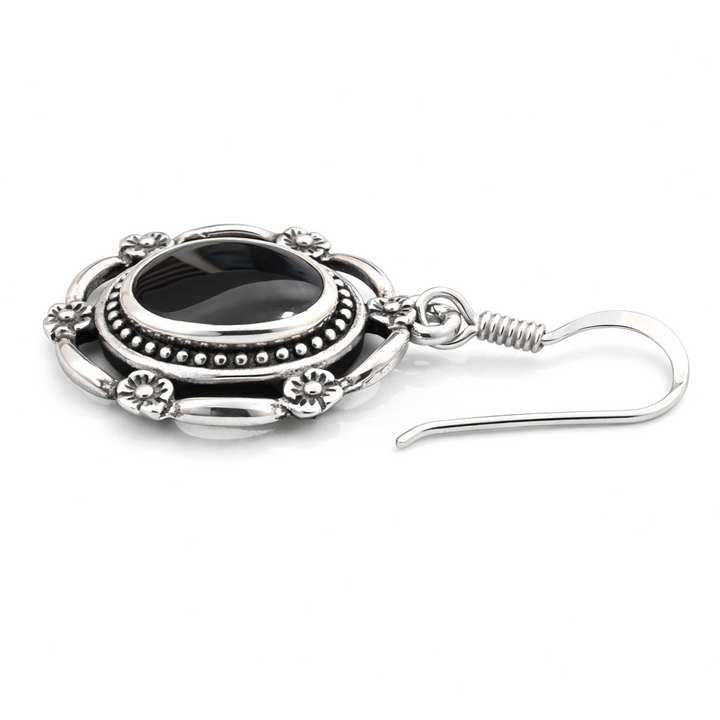 Sterling Silver Black Onyx Dangle Earrings – 0.85 Inch Drop Vintage Style Onyx Earrings