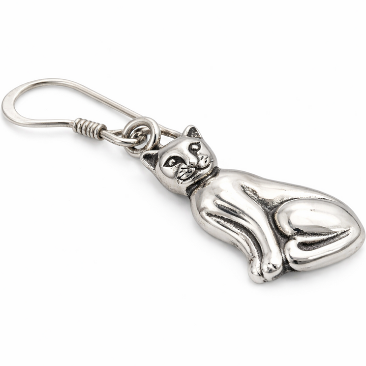 Sterling Silver Cat Dangle Earrings – 0.9 Inch Tall Sitting Cat Earrings with French Hooks