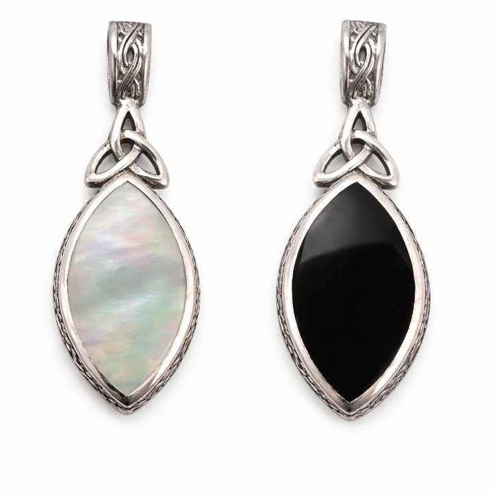 Reversible Mother of Pearl & Black Onyx Sterling Silver Pendant – 1.65” Celtic Design Necklace Charm
