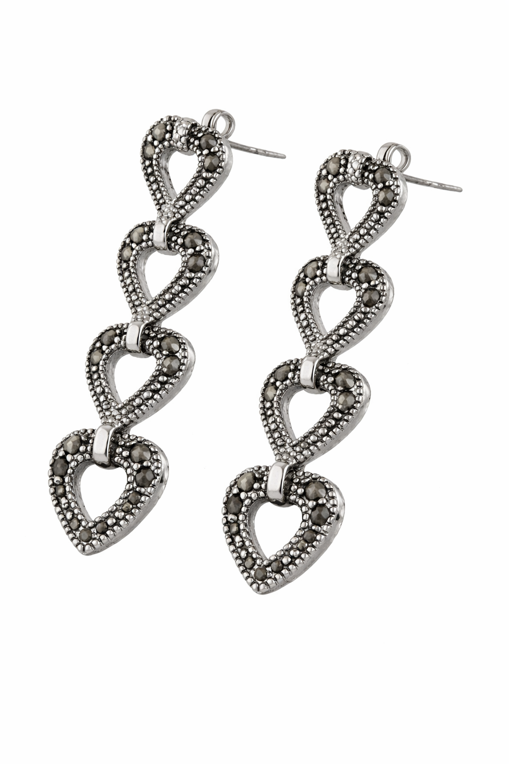 Sterling Silver Marcasite Heart Dangle Post Earrings – 1 1/3" Long
