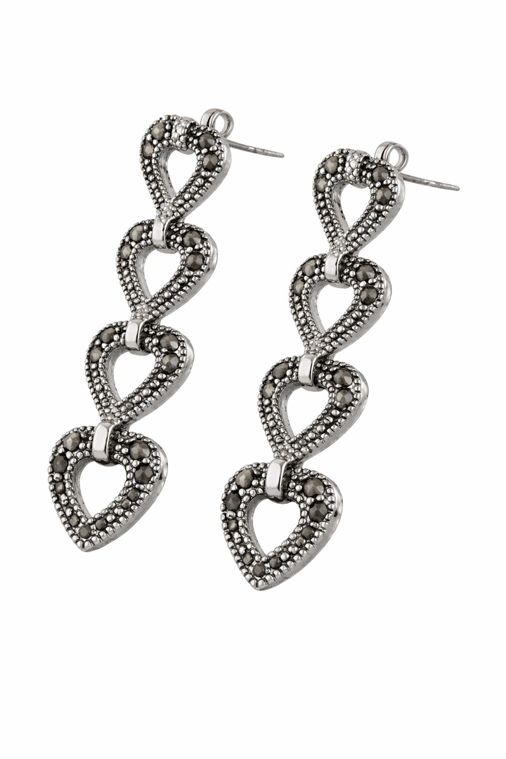 Sterling Silver Marcasite Heart Dangle Post Earrings – 1 1/3" Long