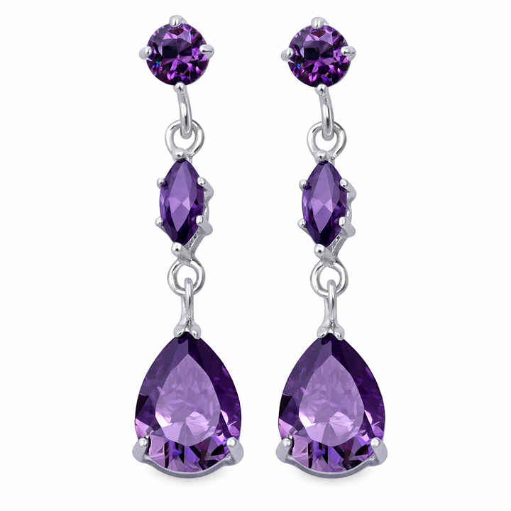 Sterling Silver Three-Stone Amethyst Drop Earrings – 1.2 Inch Dangle