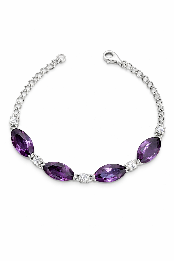 Sterling Silver Amethyst Bracelet – 10.5 TCW – Four 8x14mm Marquise Gemstones – 7.25” Bracelet – February Birthstone Jewelry