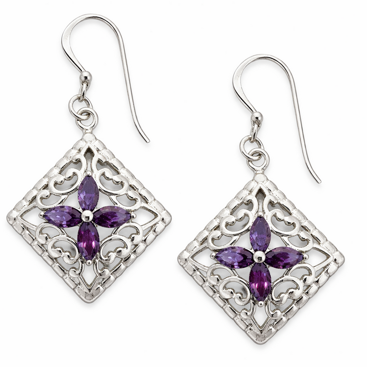Sterling Silver Amethyst Filigree Drop Earrings – 1.75 TCW – Four 3x5mm Marquise Stones – 1 Inch Dangle – Vintage Style February Birthstone Jewelry