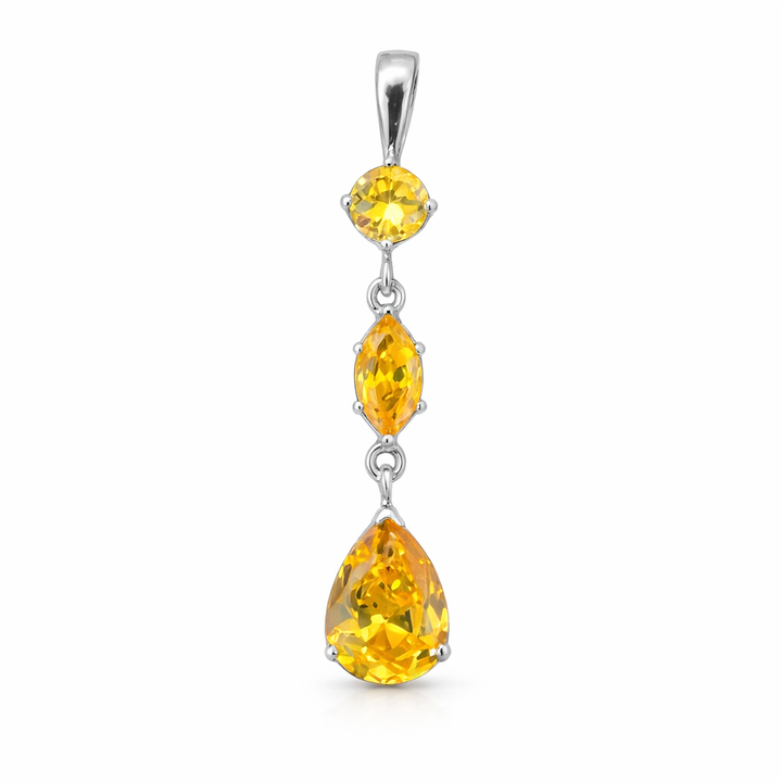 Sterling Silver Citrine Drop Pendant Necklace – 2.95 CTW – 5mm Round, 5x8.5mm Marquise & 11x7mm Pear Cut – 1.5 Inch Dangle – Elegant Gemstone Necklace