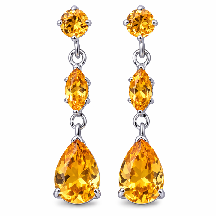 Sterling Silver Citrine Drop Earrings – 3.90 CTW – 4mm Round, 7x4mm Marquise & 10x7mm Pear Cut – 1.25 Inch Dangle – Post Back Earrings