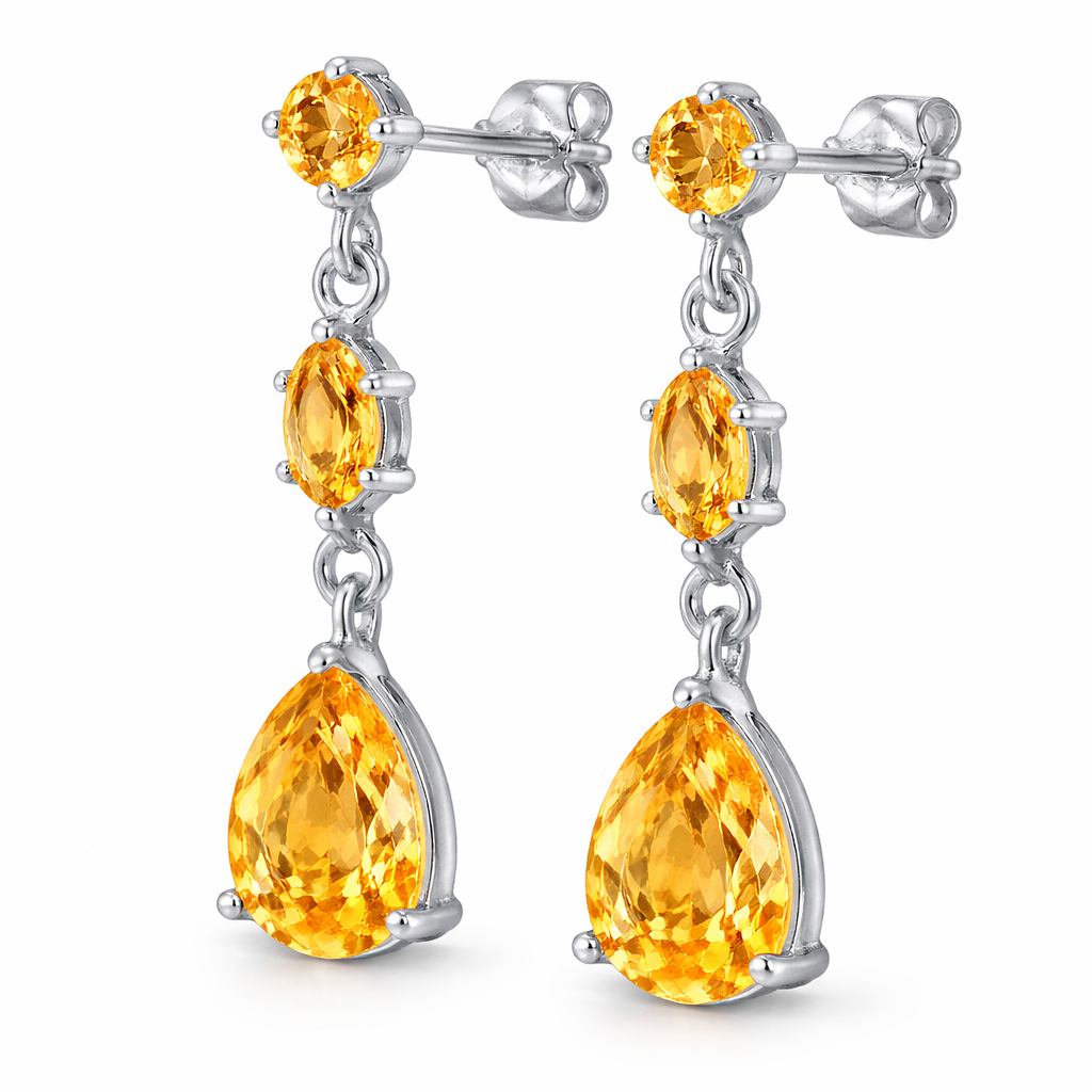 Sterling Silver Citrine Drop Earrings – 3.90 CTW – 4mm Round, 7x4mm Marquise & 10x7mm Pear Cut – 1.25 Inch Dangle – Post Back Earrings