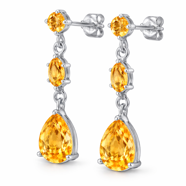 Sterling Silver Citrine Drop Earrings – 3.90 CTW – 4mm Round, 7x4mm Marquise & 10x7mm Pear Cut – 1.25 Inch Dangle – Post Back Earrings