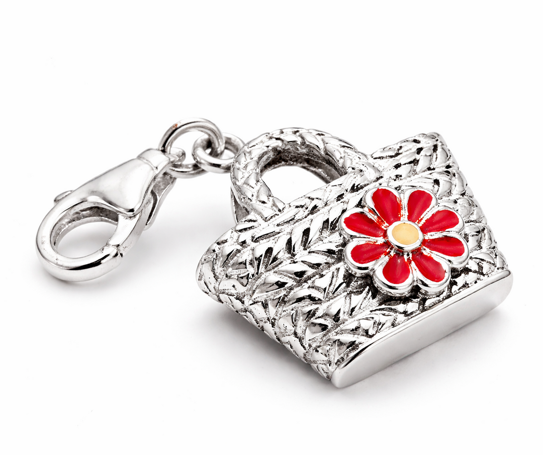 Sterling Silver Woven Handbag Charm with Red Enamel Flower – 1.5 Inch Drop with Bail – Heavy Purse Pendant – Textured Basket Style Jewelry Charm
