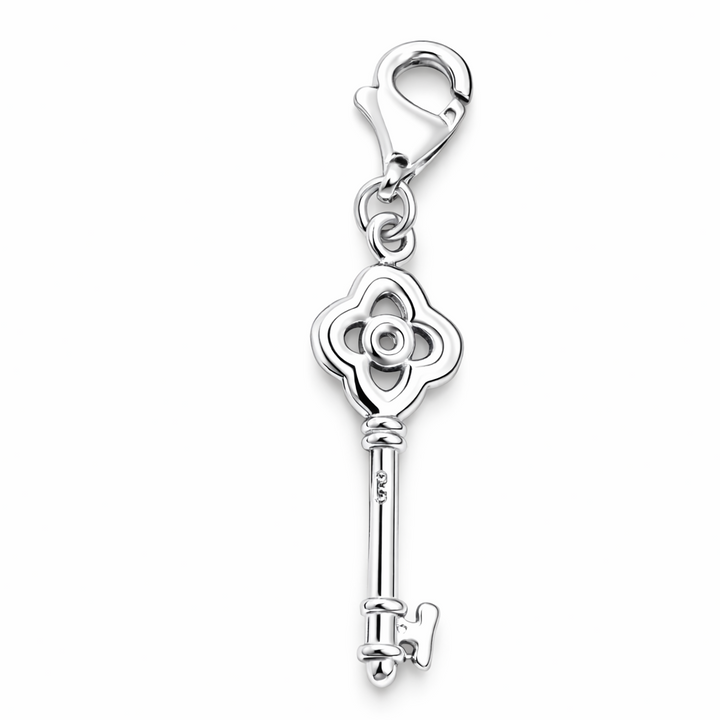 Sterling Silver Key Charm Pendant with Lobster Clasp – 1.4 Inch Drop with Bail – Vintage Style Key Charm for Bracelet or Necklace