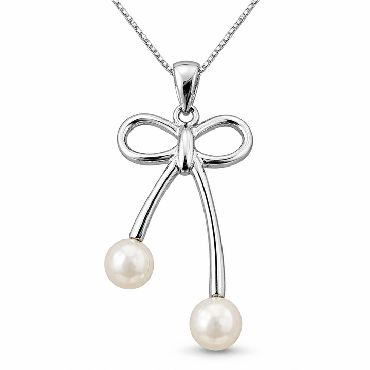 Sterling Silver Bow Drop Pendant – 6.5mm Simulated Pearl Dangles – 1.4 Inch Drop – Elegant Ribbon Style Necklace Pendant