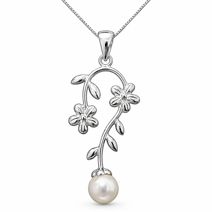 Sterling Silver Floral Pearl Pendant Necklace – 6.5mm Simulated Pearl – 1.6 Inch Drop – Elegant Vine & Flower Design