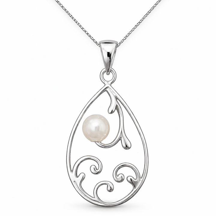 Sterling Silver Teardrop Pearl Pendant Necklace – 6.5mm Simulated Pearl – 1.5 Inch Drop – 16" Box Chain Included