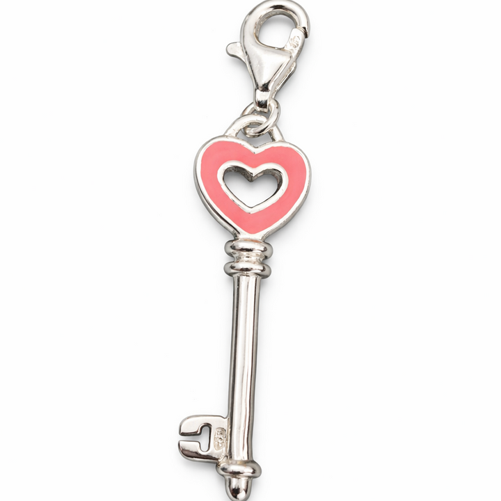 1.9 Inch Heart Key Charm with Clasp – Sterling Silver & Pink Enamel Dangle Charm
