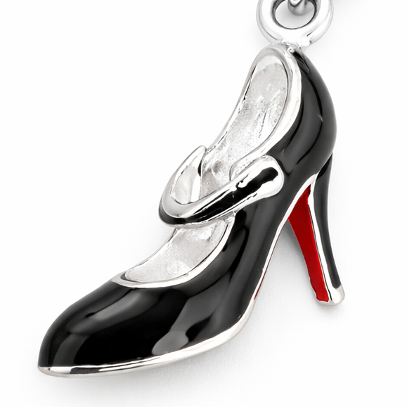 1.25 Inch High Heel Shoe Charm with Clasp – Sterling Silver Black Enamel Stiletto with Red Sole Dangle Charm